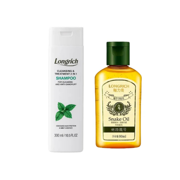 Les Pellicules et à la Chute de Cheveux ! Le Duo Miracle Longrich : Shampoing Antipelliculaire + Huile de Serpent Réparatrice